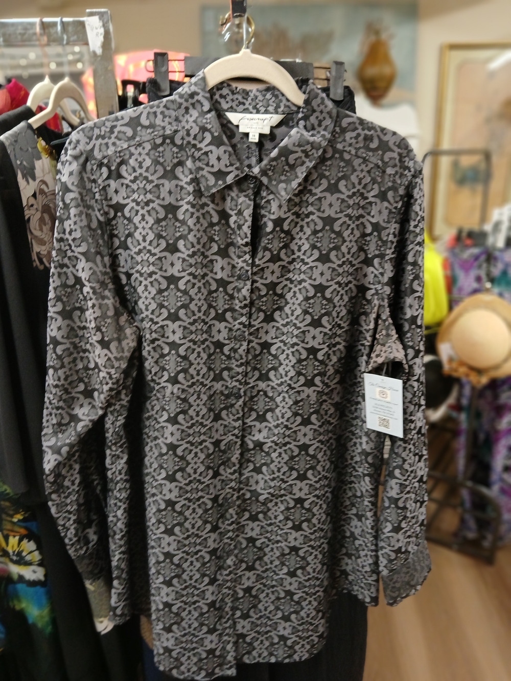 Foxcroft Black and Gray Patterned Blouse